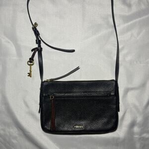 FOSSIL Black Pebbled LEATHER Multi Pocket Crossbody Shoulder Bag Purse Classic